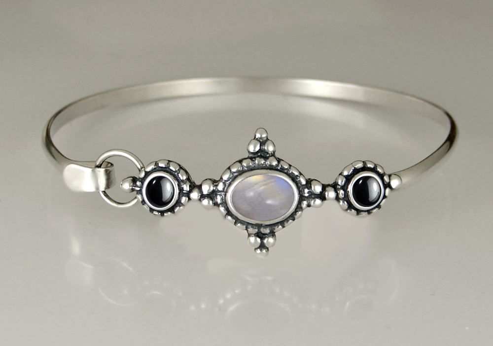Sterling Silver Strap Latch Spring Hook Bangle Bracelet With Rainbow Moonstone And Hematite